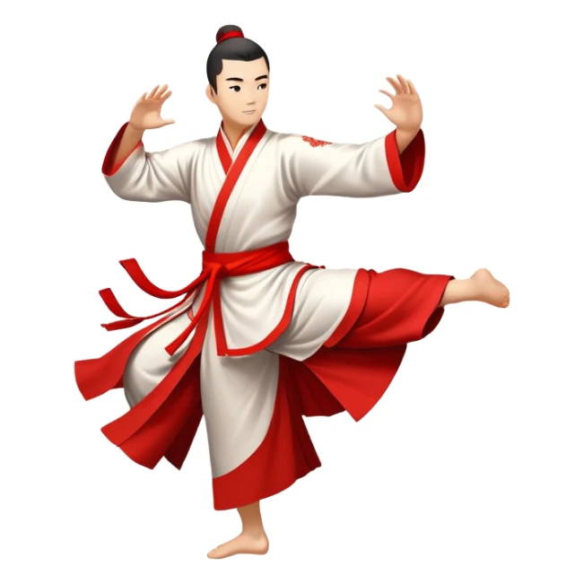 Emblem symbolizing Wushu martial arts. A graceful martial artist performs a dynamic kung fu pose, with flowing movements and a long, elegant robe. The background features stylized clouds and traditional Chinese symbols, representing fluidity, balance, and precision. Transparent background. sticker