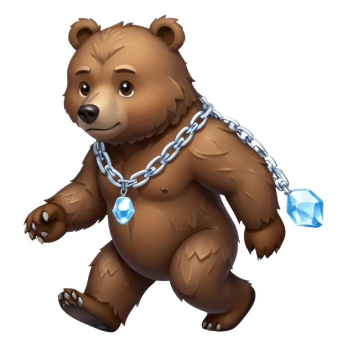 Fierce brown bear walking on four paws with an ice chain necklace, frozen chain links made of crystal clear ice, serious face sticker