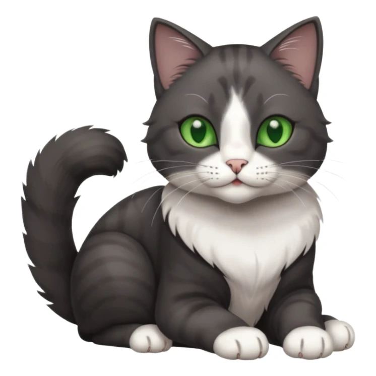 beautiful female solid dark grey cat with green eyes, white toes/paws and white patch on her chest rolling over sticker