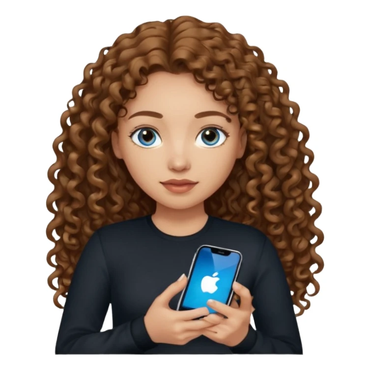 generate a pretty woman with blue eyes, light skin and medium brown long curly shiny hair holding an iphone she is looking at the phone and holding it in her hand. she is wearing an ALL black long sleeve sticker