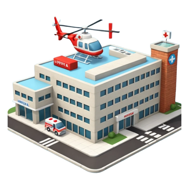 3d hospital outside, with text hospital, ambulance, helicopter , no background sticker
