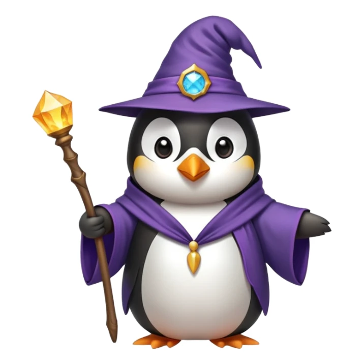 A penguin wearing a wizard hat and robe, holding a magic wand sticker