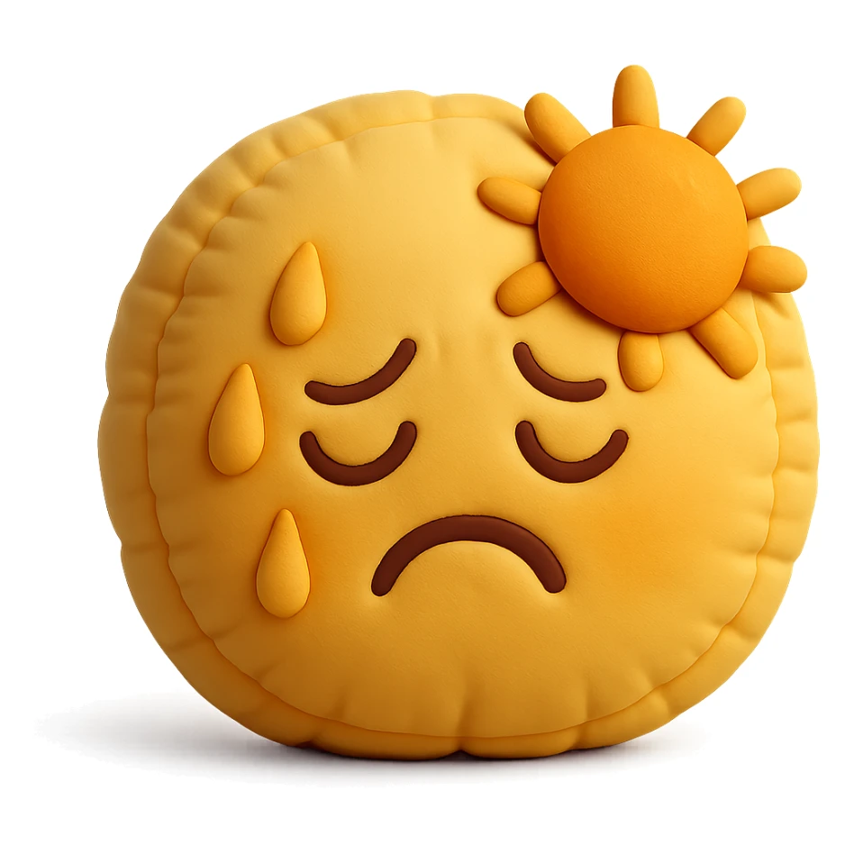 plush face with sweat and sun, hot weather, warm colors, soft cushion style sticker