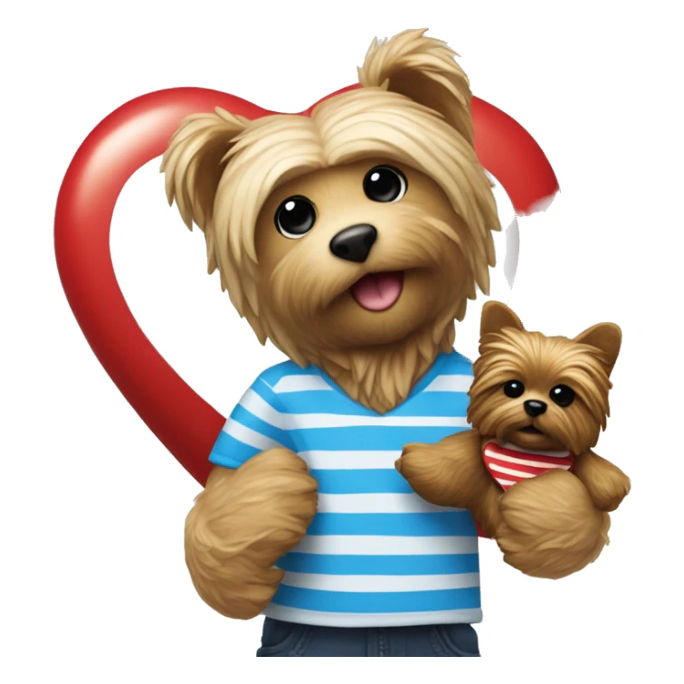 Bear toy with white and blue stripped shirt and redheart in the middle being held next to a yorkie dog sticker