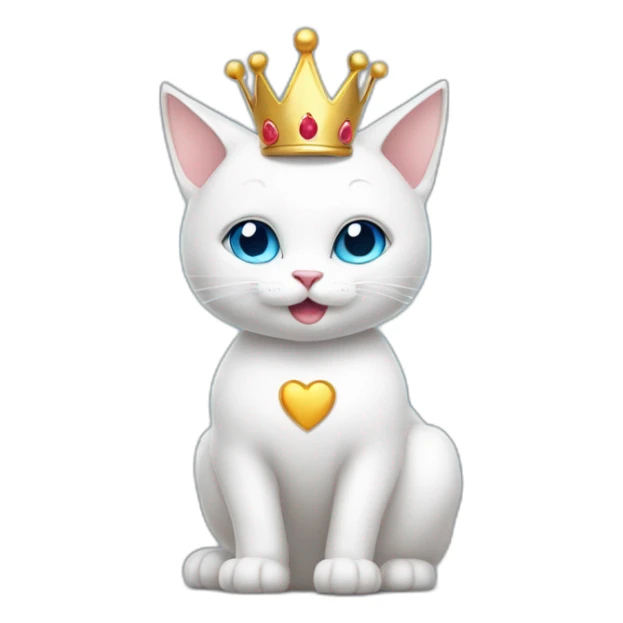 white cat with blue eyes and a crown on its head bites the heart with its paws sticker