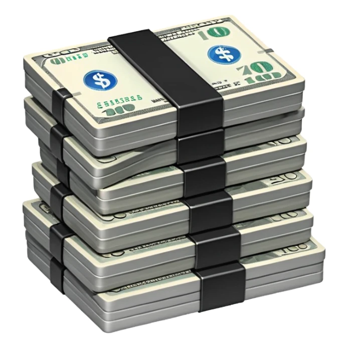 Metallic black-and-white money pack emoji, simple geometric stack of bills, reflective surfaces, flat futuristic icon, minimal style
 sticker