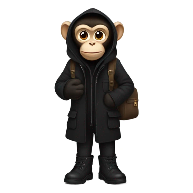 Monkey wearing black wool coat black ugg boots and a black backpack sticker