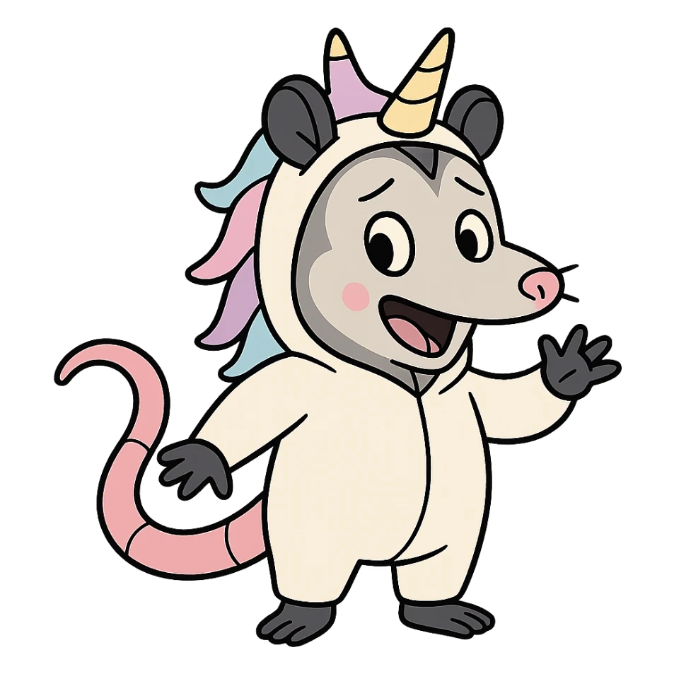 cute cartoon possum dressed up like a unicorn, flat toon style sticker