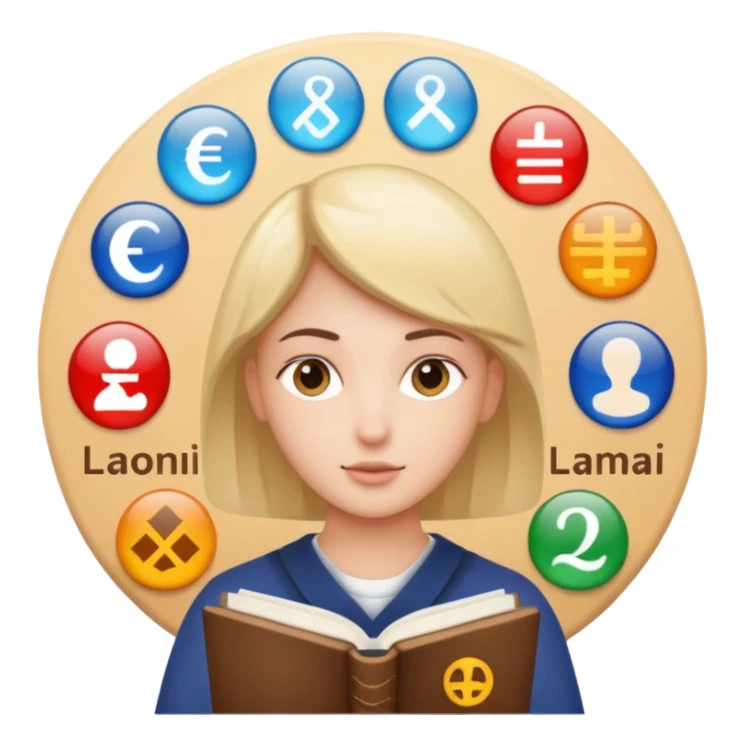 person studying modern languages surrounded by symbols of different languages sticker