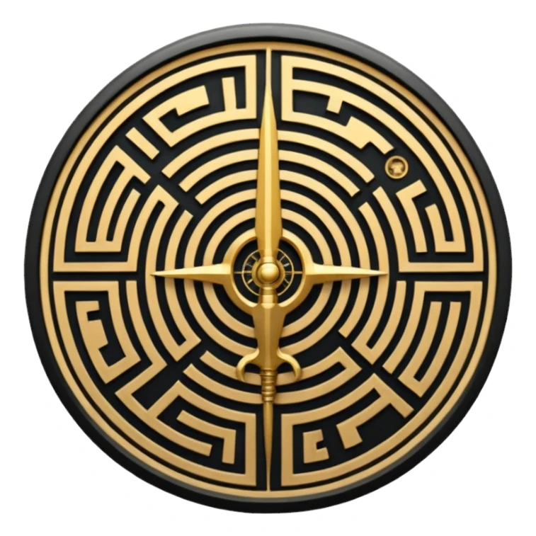 A vertical sword in the center of a circular maze, inside of which is embedded a thin astrolabe. The lines are strict, geometric, and symmetrical. The material is a dark metal (antimonium). The style is a minimalistic alchemical sign. sticker