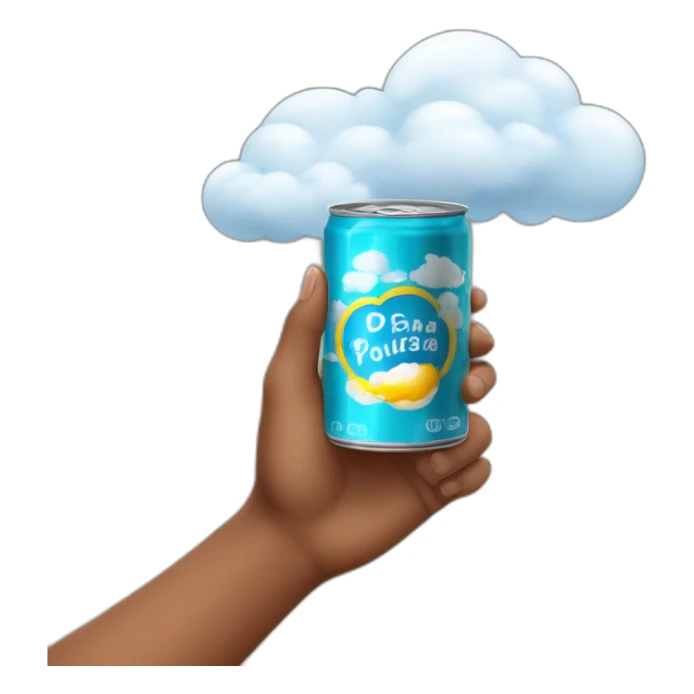 hand holding a can of product with clouds written dreams in Portuguese sticker