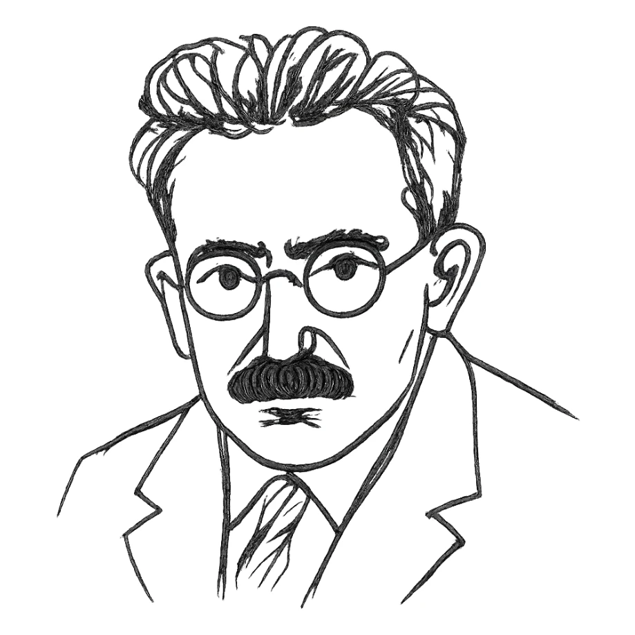 a hand drawn black outline portrait of Walter Benjamin with similar size eyes based a famous photograph of him sticker