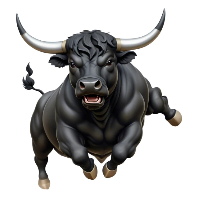 ​Cinematic Realistic Black Charging Bull, depicted in mid-charge with a powerful, muscular form and glossy black hide glistening under dynamic dramatic lighting, dust and motion captured mid-air to exude raw strength and unbridled energy on an expansive arena, sticker