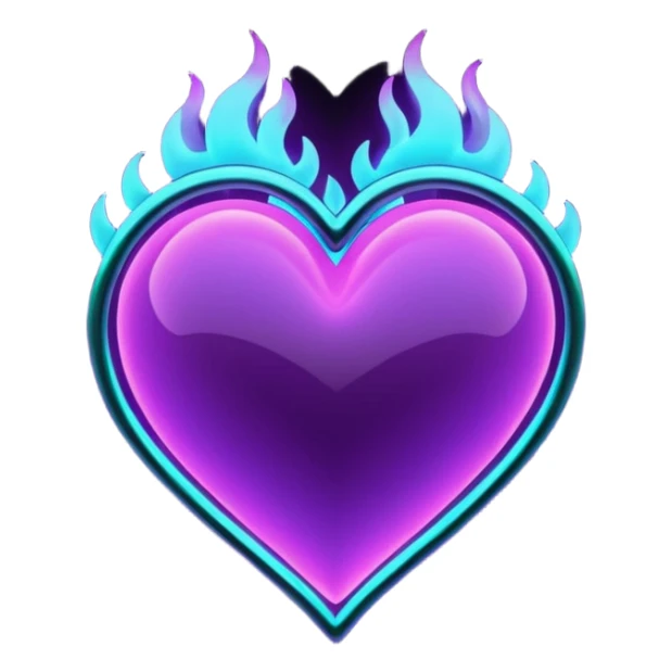 futuristic minimalistic fire heart made of purple (#8B5CF6) and cyan (#00E0FF) neon lines, dark background, digital tech aesthetic, no face, 1:1 aspect ratio sticker