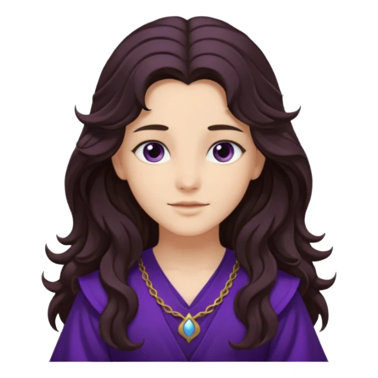 Libera from Olympus Gods with long dark brown wavy hair, deep purple tunic sticker