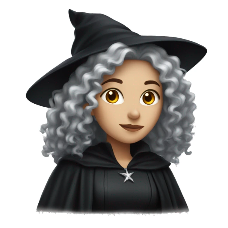 white women with long dark curly hair and a black witch costume sticker