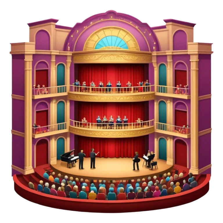 An icon depicting a theater stage with actors performing a play, illuminated by dramatic lighting. The audience watches from colorful balconies, while an orchestra plays in the pit, creating an immersive atmosphere. transparent background. sticker