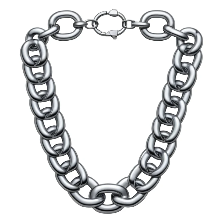A thick luxury chain emoji made of liquid silver chrome, smooth rounded links, glossy metallic reflections, heavy swag aesthetic, minimalistic iOS emoji style, centered, clean white background sticker