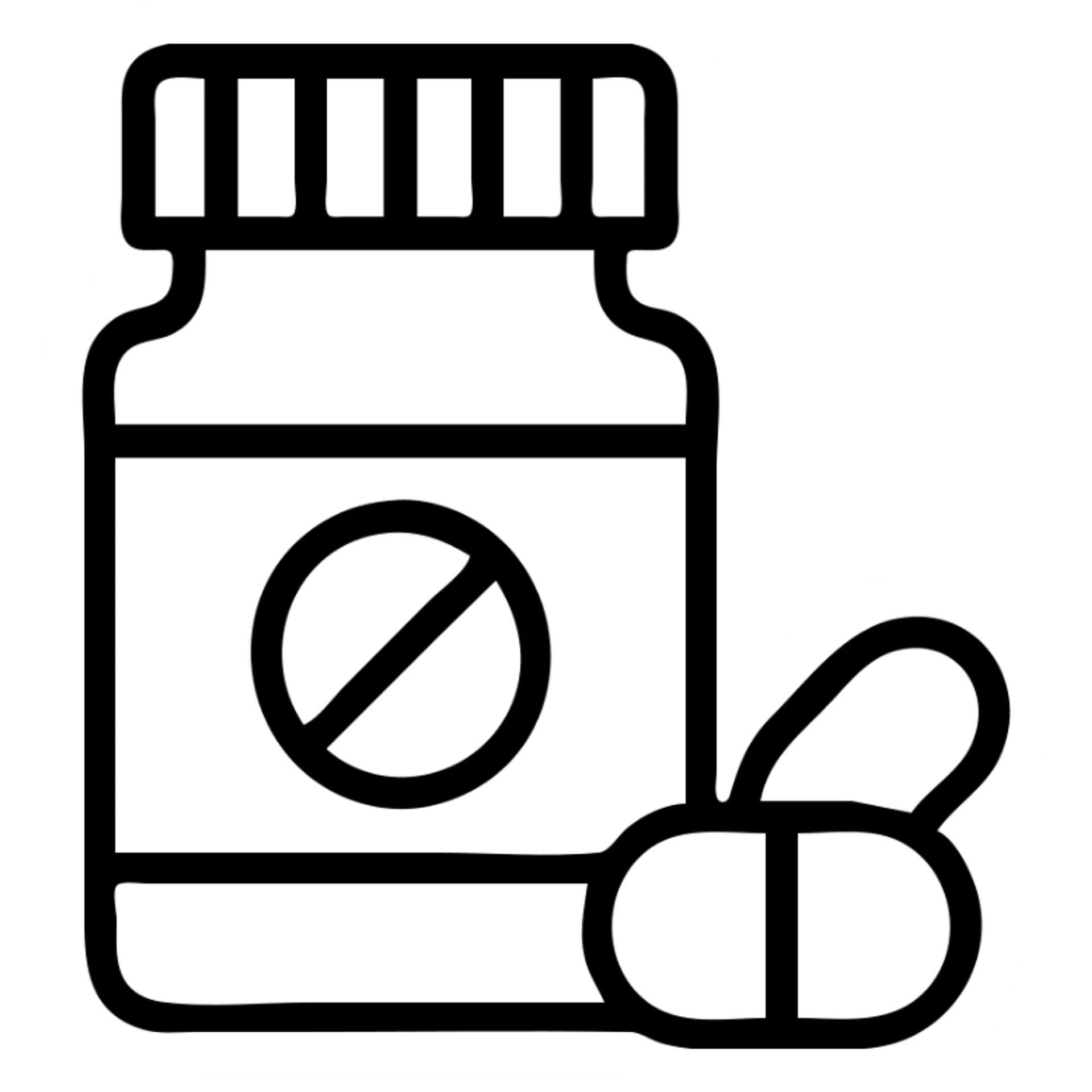 pharmacy bottle with pills, outlined style, minimal color, clear lines sticker