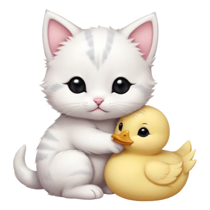 A simple and cute white kitten with pink blush on its cheeks and three short gray lines on its head. The kitten is hugging and biting a yellow, fluffy little duck that looks like a plush toy or a cookie. There is some kitten drool on the duck's head. The overall style is hand-drawn, with simple lines and a soft, adorable look. The kitten has round black eyes and a silly, innocent expression. The little duck looks helpless. sticker