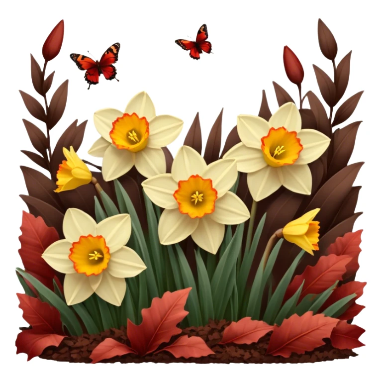 Golden daffodils bloom among deep brown-red leaves, while delicate brown butterflies flutter nearby. Warm sunlight casts a vintage glow over the scene. sticker