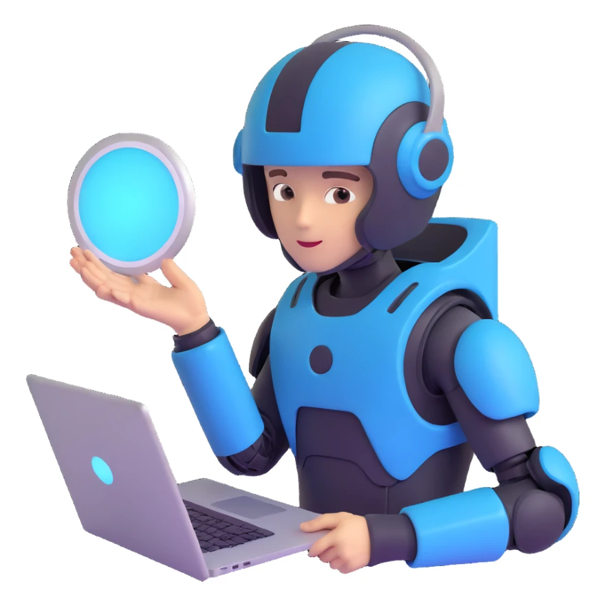futuristic tech boy with robot helmet, glowing white circle, high-tech laptop, neon cyberpunk room, holographic displays, focused, mysterious sticker