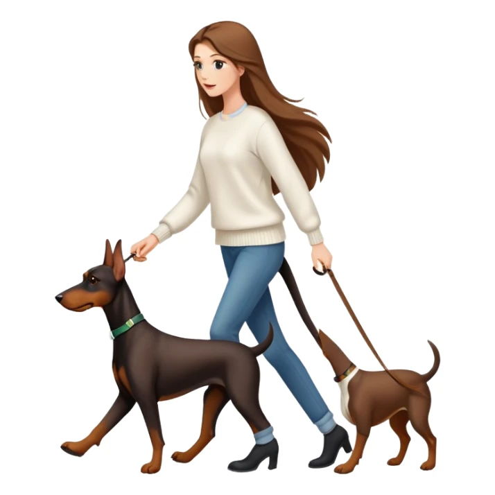A beautiful long-haired white woman wearing a white sweater walking a Doberman sticker
