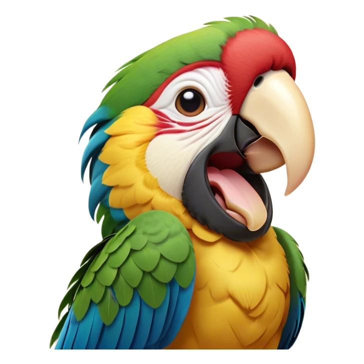 Cinematic Cute Yawning Macaw Portrait Emoji, Head tilted slightly with a dramatic, wide-open yawn, showcasing resplendent feathers and sleepy, half-closed eyes brimming with relaxed elegance, Simplified yet irresistibly adorable features, highly detailed, glowing with a soft, cozy tropical glow, high shine, relaxed yet expressive, stylized with a hint of whimsical charm, soft glowing outline, capturing the essence of a drowsy yet affectionate macaw that appears ready to stretch out for a nap! sticker