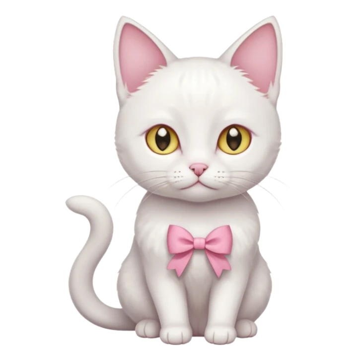 white cat sitting and she has a pink small bow on her right ear,she has golden eyes,she's fully white,even her ears,the only color is the pink small bow on her right ear,the cat is small sticker