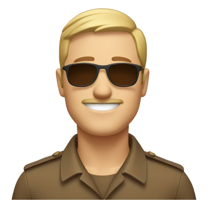 smiling white man with a short haircut and short mustache wearing a brown uniform and sunglasses sticker