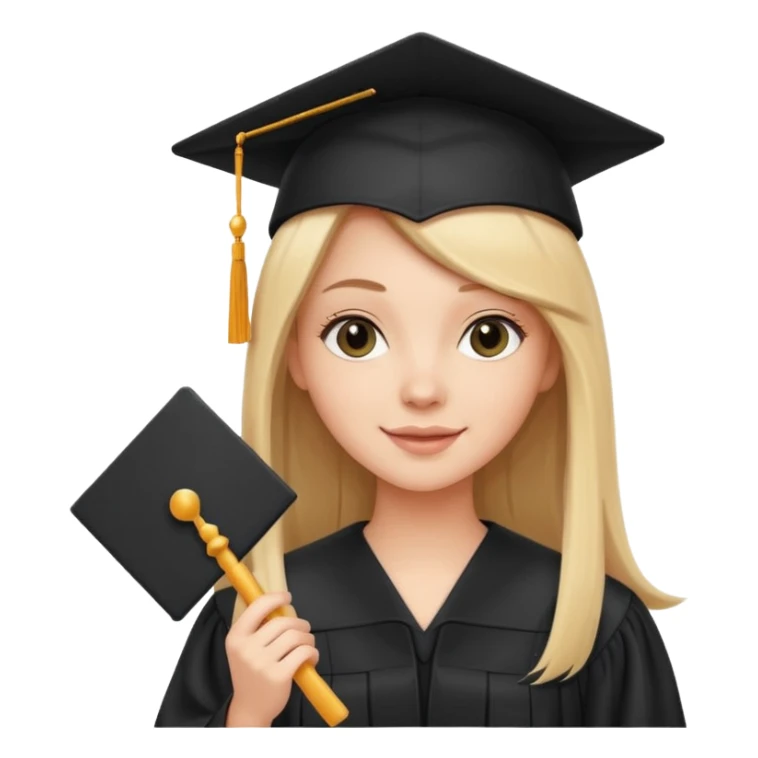 white girl with straight hair, holding diploma, black graduation cap and gown, cheerful sticker