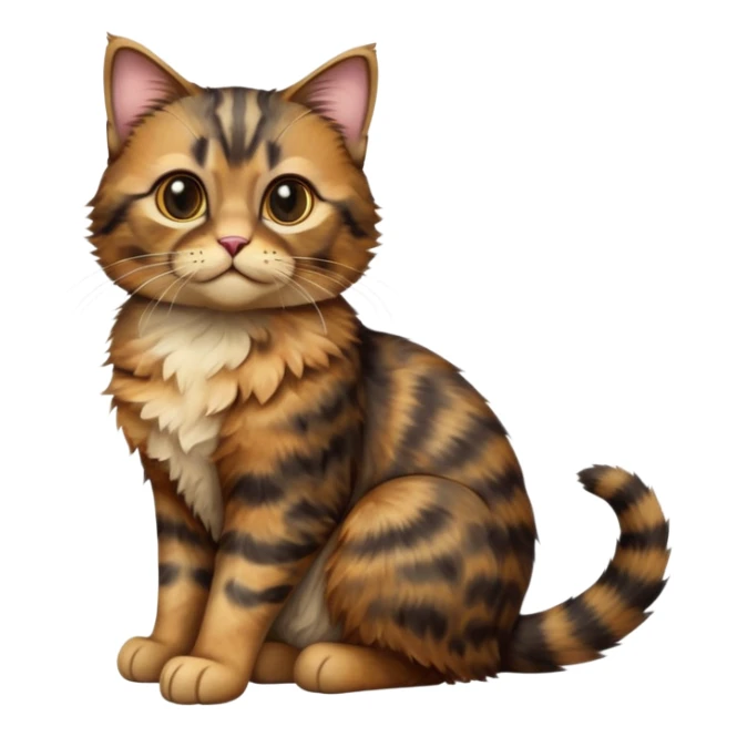 cinematic-[tortoiseshell tabby cat]-realistic-full-body-sitting-emoji,-tail-curled-playfully-around-its-paws,-head-tilted-dramatically,-scruffy-[dark faced tortoiseshell coloured]-fur,-simplified-yet-realistic-focused-features,-highly-detailed,-glowing-with-an-almost-sarcastic-glow sticker