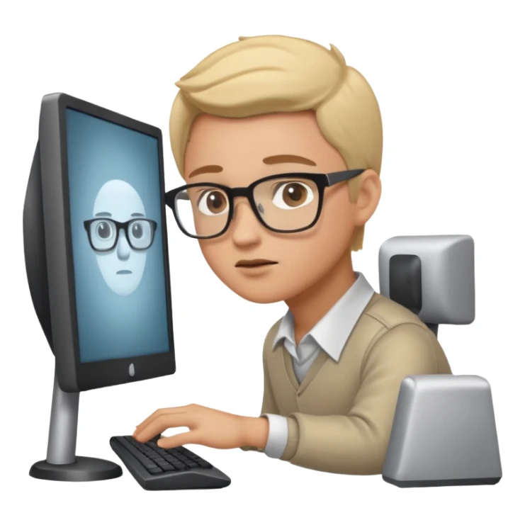 IT worker with glasses at a computer monitor sticker