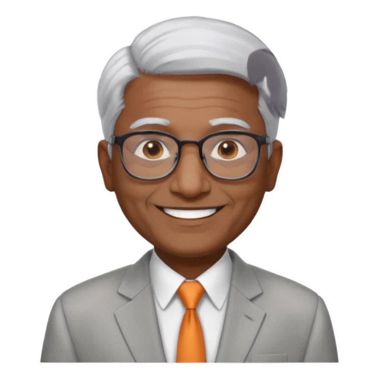 60 yr old indian man, short straight white hair brushed foreward , light grey business suit, big smile, dark brown skin, no moustache, dark brown eyes, glasses
 sticker