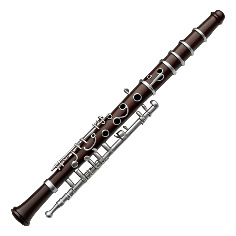 Create an elegant and detailed emoji representing a black oboe with a reed. The design should showcase the sleek, dark wood finish of the oboe, with the metal keys clearly visible. The reed should be delicately placed at the top of the instrument, emphasizing its essential role in producing sound. Add subtle details like the silver or brass accents on the keys to reflect the high-quality craftsmanship of the instrument. Use deep black, silver, and wood tones for the oboe to capture its sophisticated appearance. The background should be transparent. sticker