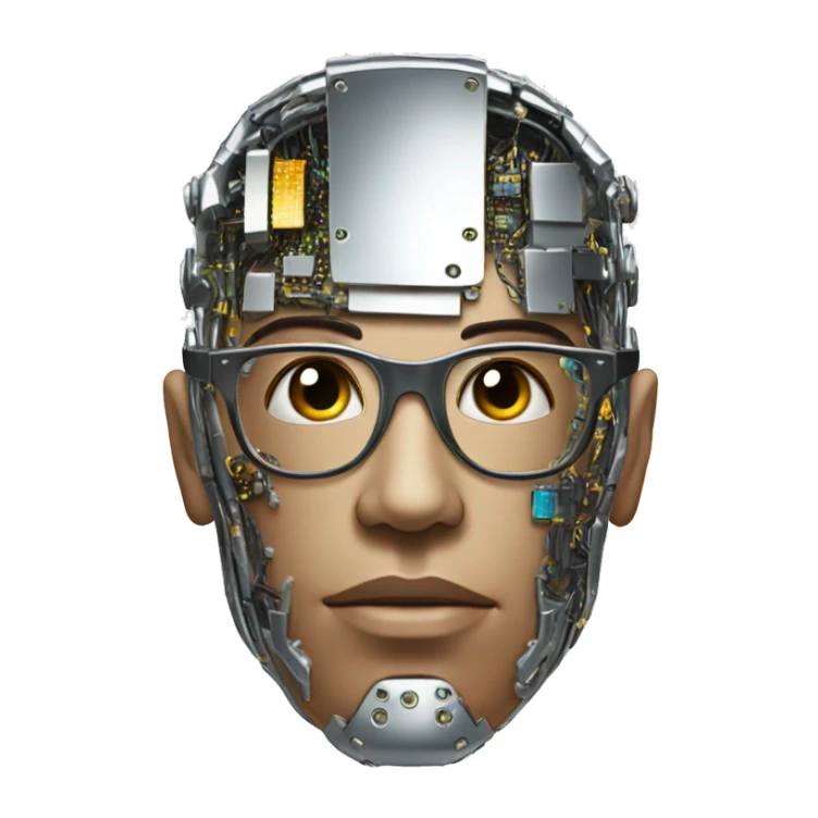 Male cyborg head with metallic plated face, flat top, glasses and circuits sticker