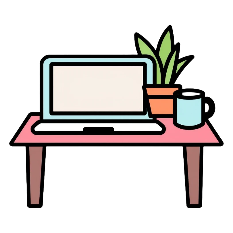 A neat desk workspace with an open laptop, coffee mug, and a small potted plant, minimalist and organized sticker