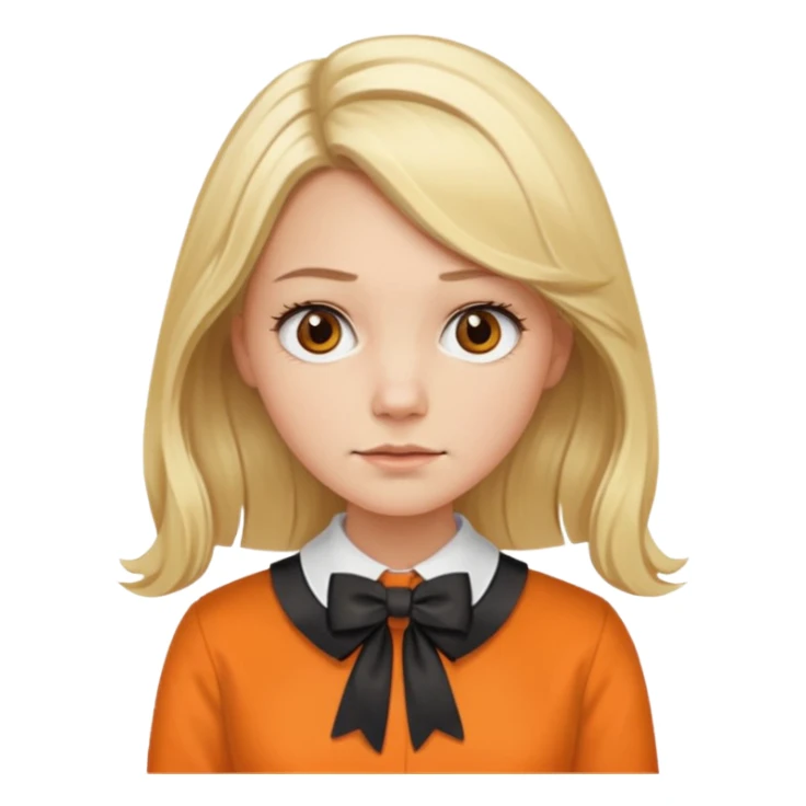long blond hair not smiling woman with orange blouse bow collar sticker