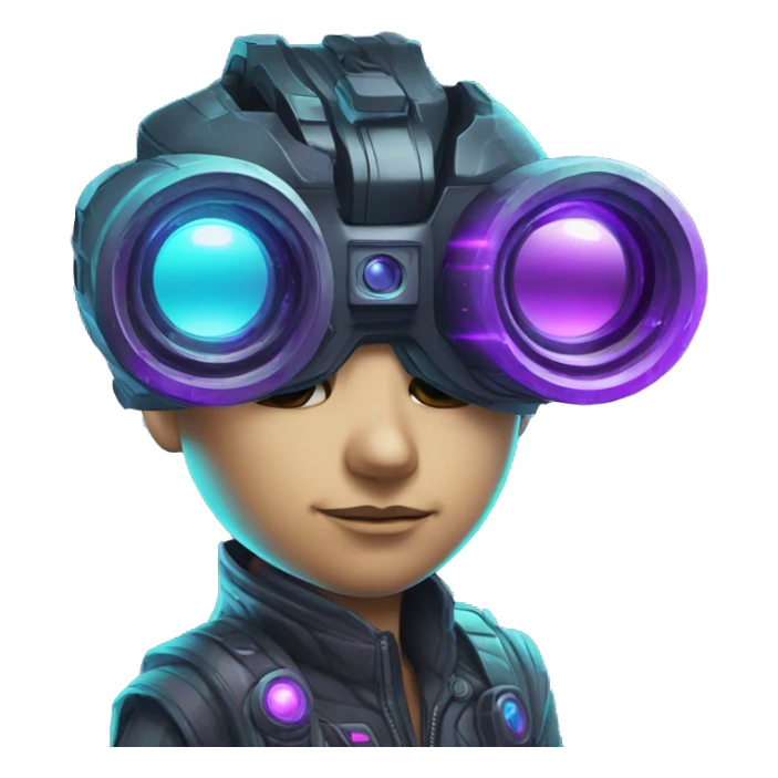 Secret human agent with  cyberpunk elements with a spyglass scanning looking reviewing multicolor lines of code, cyan and purple colors, only upper body portrait sticker