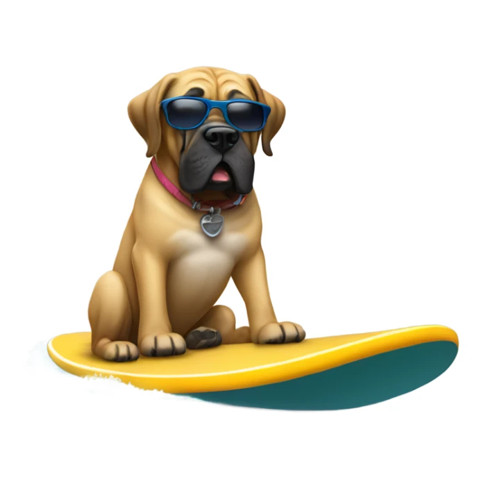 English mastiff riding on a surfboard wearing sunglasses sticker
