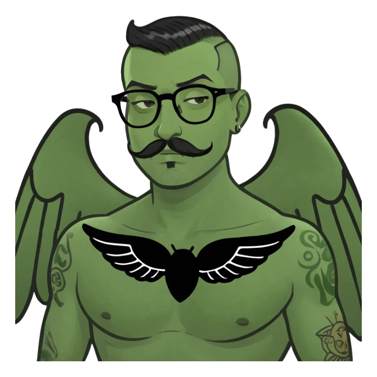 pumped up white male, glasses, buzz cut black hair, handlebar mustache black, two wings tattooed on his chest sticker