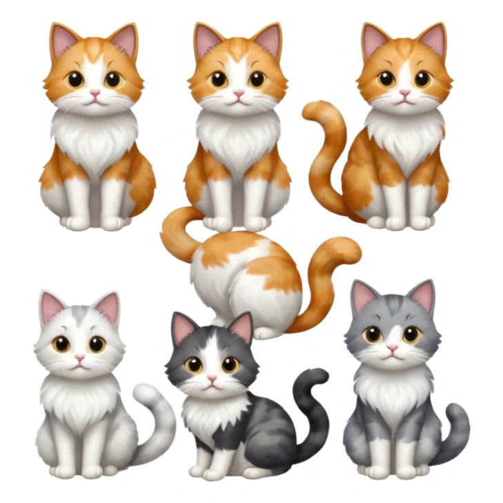 6 realistic looking cats with different natural coloured coats, assorted grey and white, greys, calicos etc
 sticker