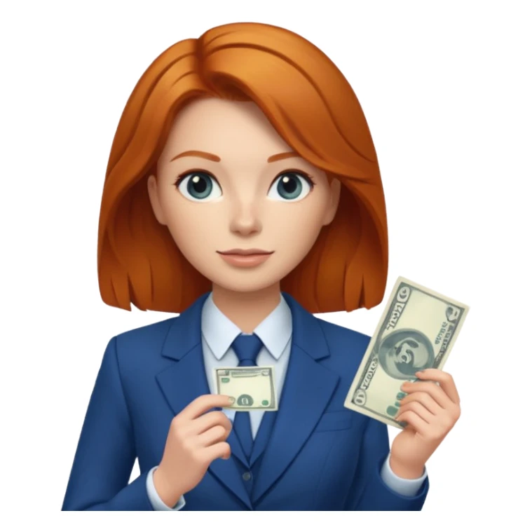 ginger hair Woman wearing blue suit holding dolar sticker