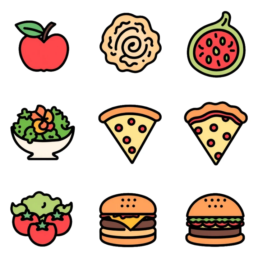 food icon set with pizza, burger, and salad sticker