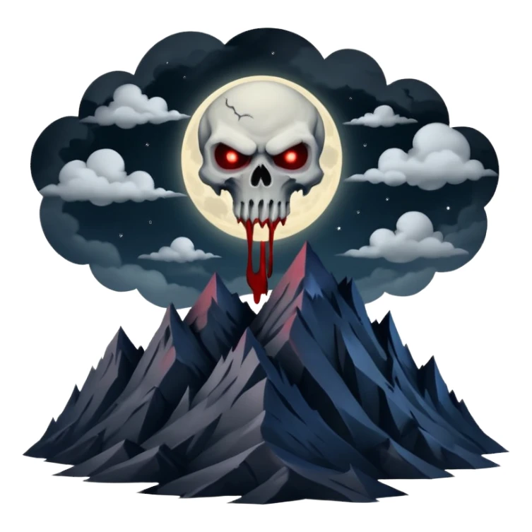 A dark and evil mountain range with a creepy moon and clouds over head. In the style of your bleeding skull art sticker
