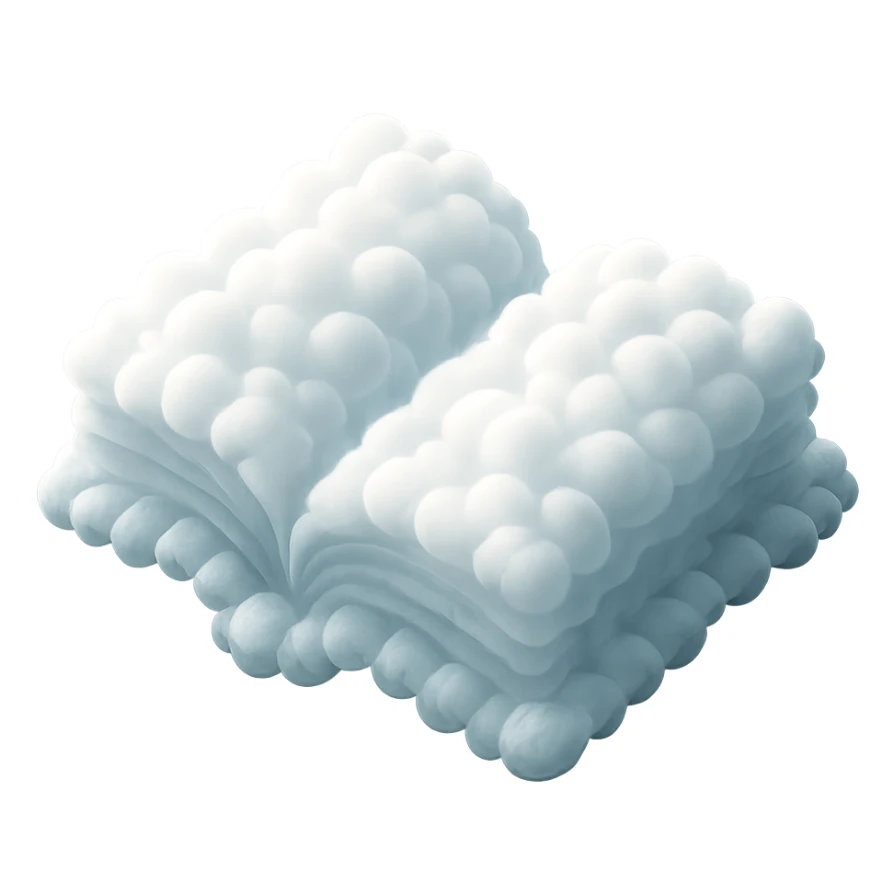 top view of a thick open book made entirely of small, very bright white fluffy convex clouds, matte glass style sticker