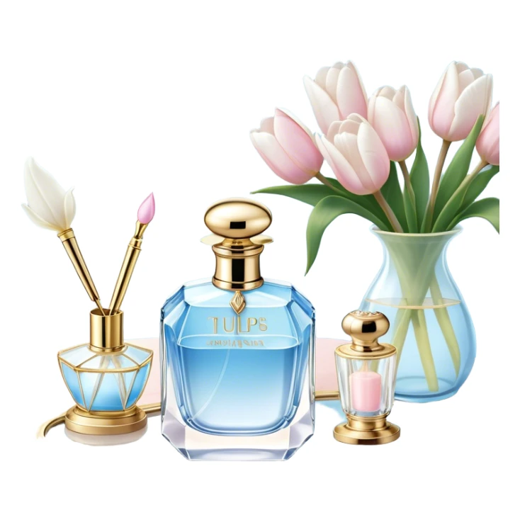 A dreamy composition of a crystal perfume bottle with an ornate golden atomizer, placed on a lace-trimmed vanity table, accompanied by a bouquet of white magnolias and soft blue tulips.
 sticker