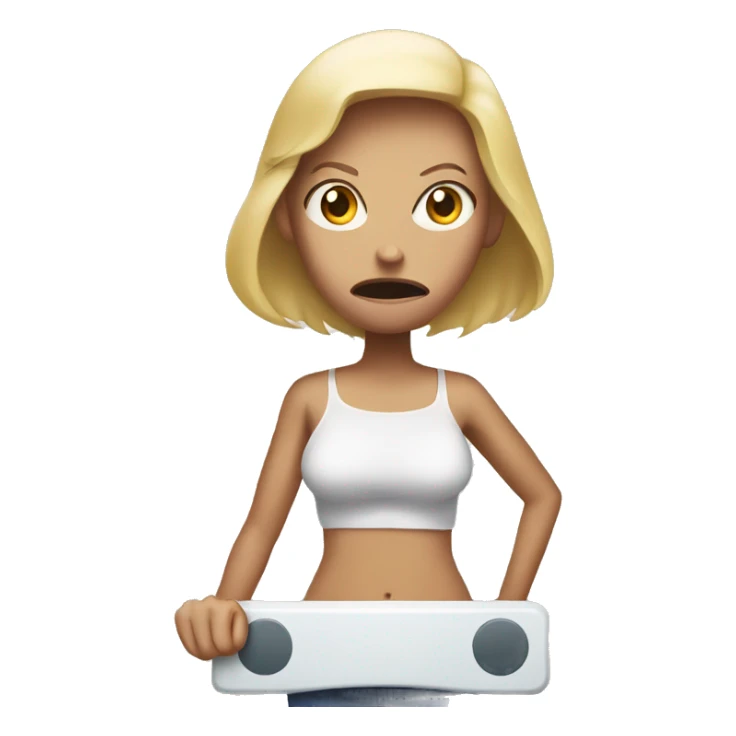 angry woman holding a bathroom scale sticker