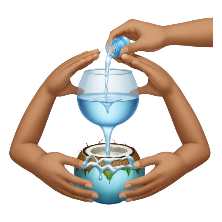 A whole coconut with water being poured over it with hands cupping water sticker