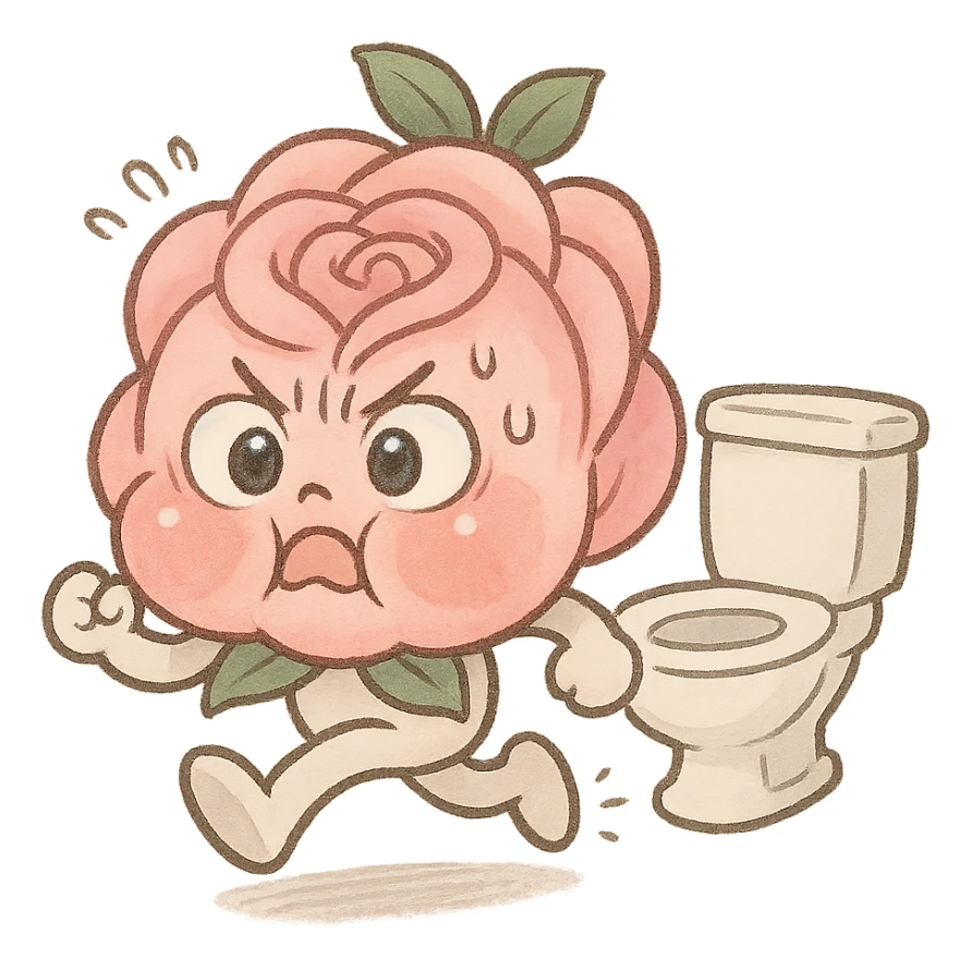 soft pink rose flower with puffed cheeks making a panicked toilet run, eyes bulging, legs dashing, pastel tones, chibi round shape sticker